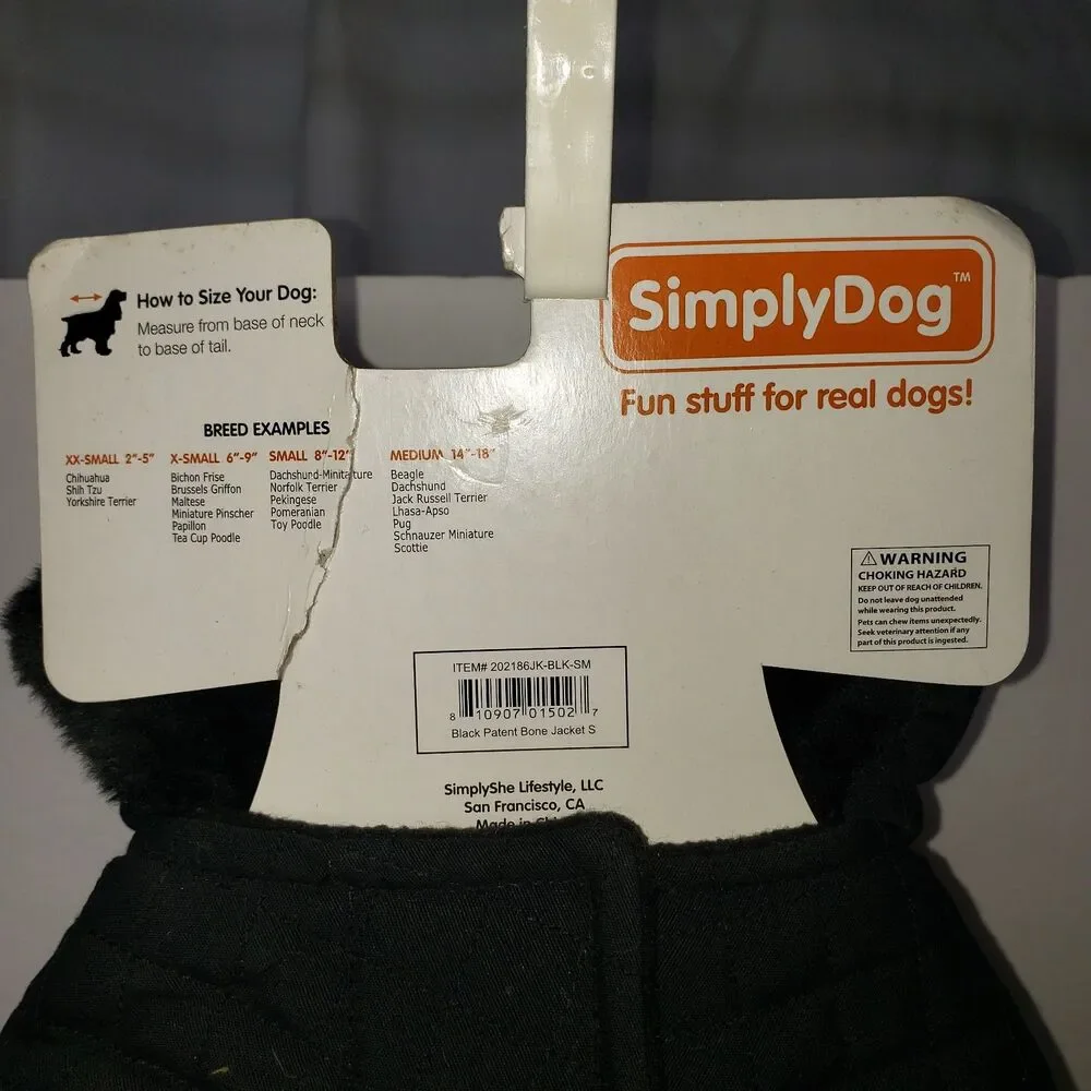 Simply Dog Black Collared Fleece Lined Fall Dog Jacket Coat Size Small NEW